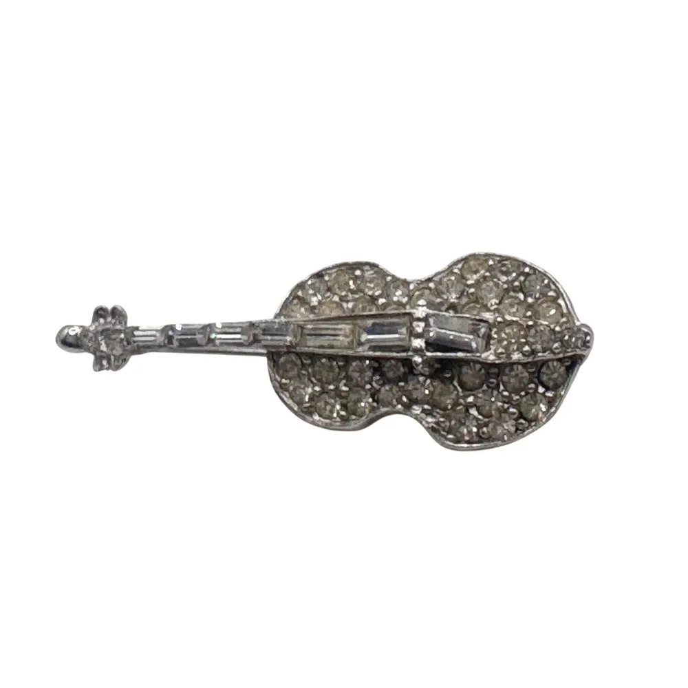 Pell Vintage Silver Tone Rhinestone Violin Musical Instrument‎ Brooch Pin
